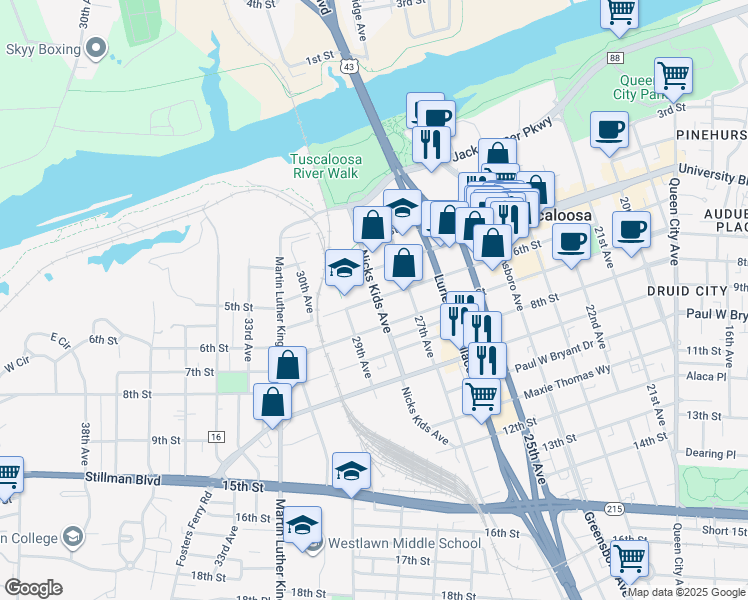 map of restaurants, bars, coffee shops, grocery stores, and more near 2803 6th Street in Tuscaloosa