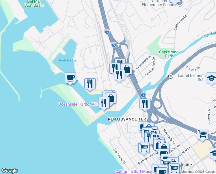 map of restaurants, bars, coffee shops, grocery stores, and more near 1200 Harbor Drive in Oceanside