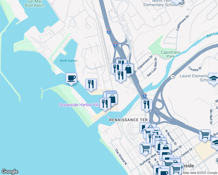 map of restaurants, bars, coffee shops, grocery stores, and more near 1200 Harbor Drive in Oceanside