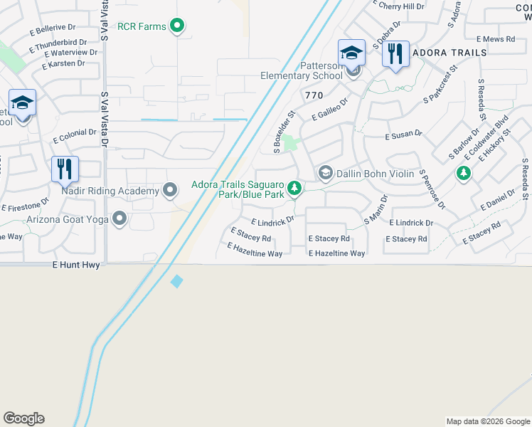 map of restaurants, bars, coffee shops, grocery stores, and more near 2038 East Lindrick Drive in Gilbert