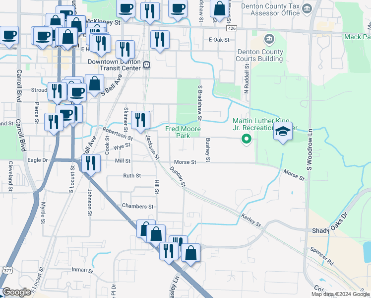 map of restaurants, bars, coffee shops, grocery stores, and more near 713 Morse Street in Denton