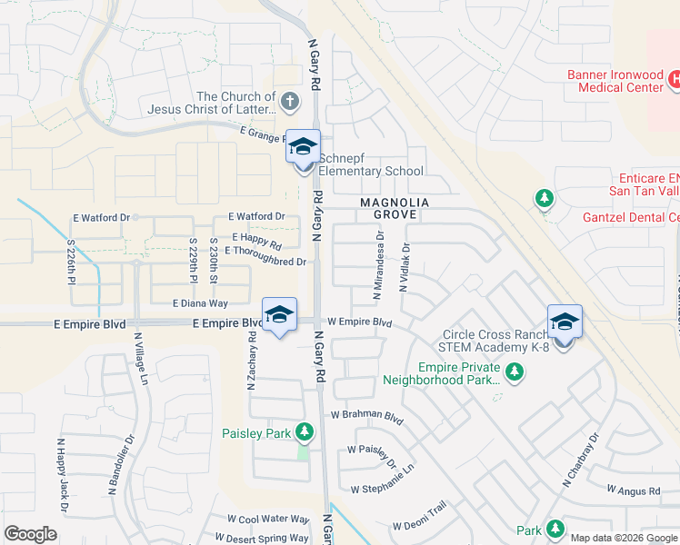 map of restaurants, bars, coffee shops, grocery stores, and more near 36094 North Murray Grey Drive in San Tan Valley