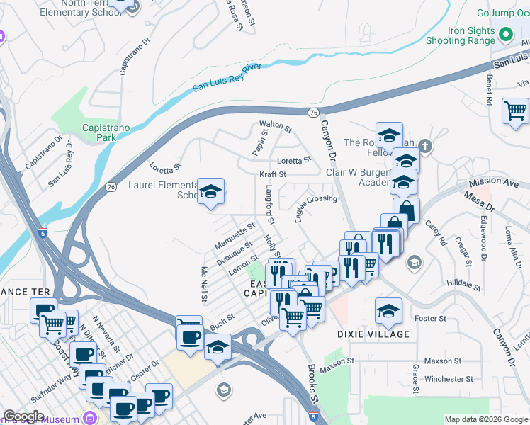 map of restaurants, bars, coffee shops, grocery stores, and more near 912 Langford Street in Oceanside