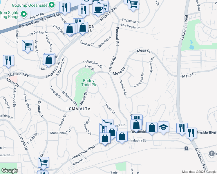 map of restaurants, bars, coffee shops, grocery stores, and more near 242 Vista Montana Way in Oceanside