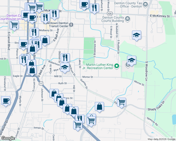 map of restaurants, bars, coffee shops, grocery stores, and more near 713 Morse Street in Denton