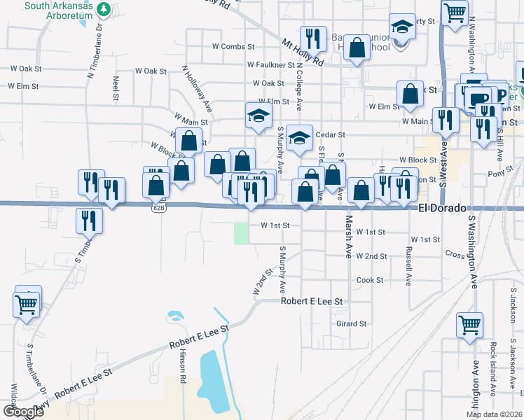 map of restaurants, bars, coffee shops, grocery stores, and more near 1000 West 1st Street in El Dorado