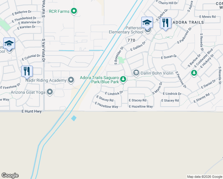 map of restaurants, bars, coffee shops, grocery stores, and more near 2038 East Lindrick Drive in Gilbert