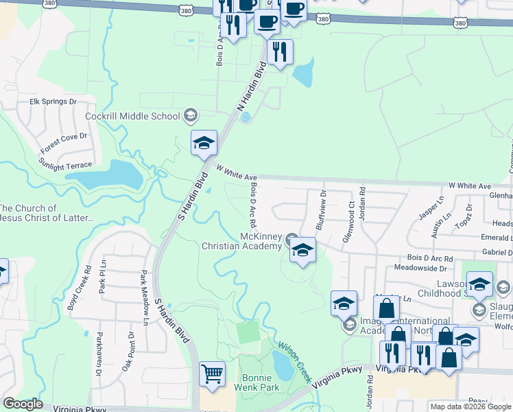 map of restaurants, bars, coffee shops, grocery stores, and more near 3628 Bois D Arc Road in McKinney