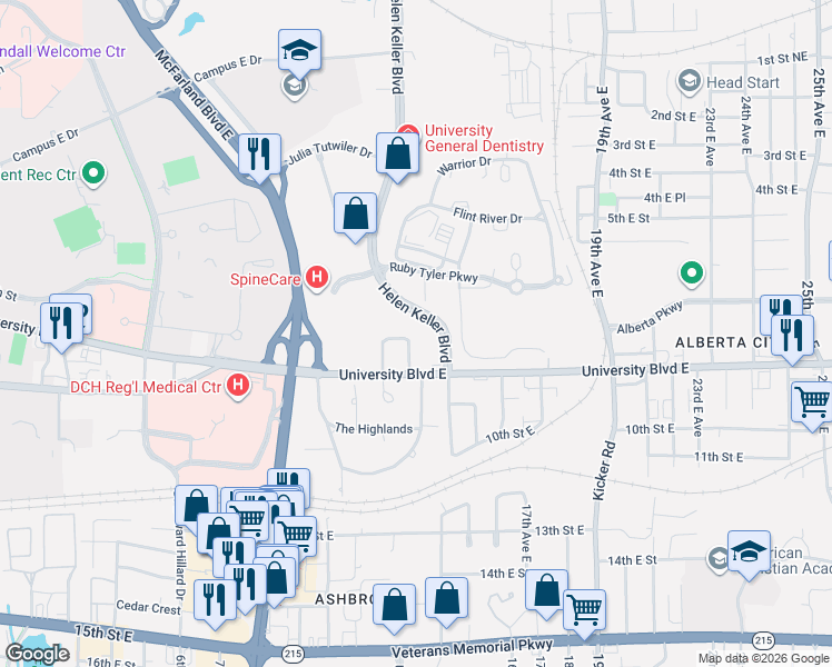 map of restaurants, bars, coffee shops, grocery stores, and more near 1330 University Boulevard East in Tuscaloosa