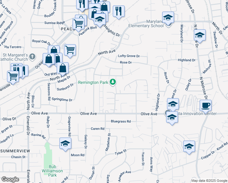 map of restaurants, bars, coffee shops, grocery stores, and more near 1251 Remington Court in Vista