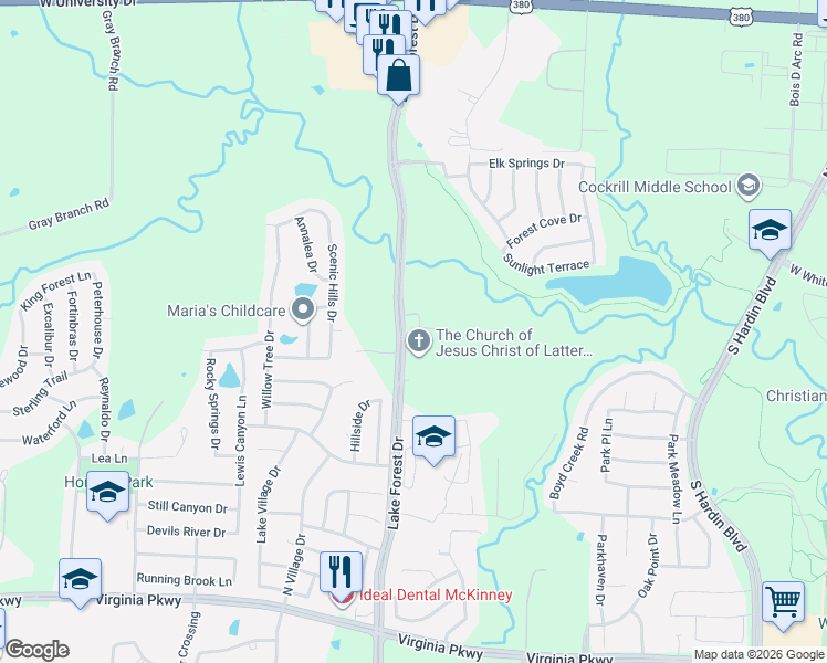 map of restaurants, bars, coffee shops, grocery stores, and more near 901 North Lake Forest Drive in McKinney