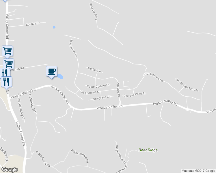 map of restaurants, bars, coffee shops, grocery stores, and more near 14273 Coeur D Alene Court in Valley Center