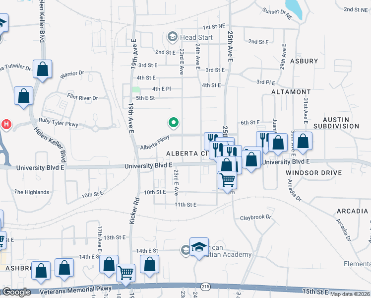 map of restaurants, bars, coffee shops, grocery stores, and more near 2210 University Boulevard East in Tuscaloosa