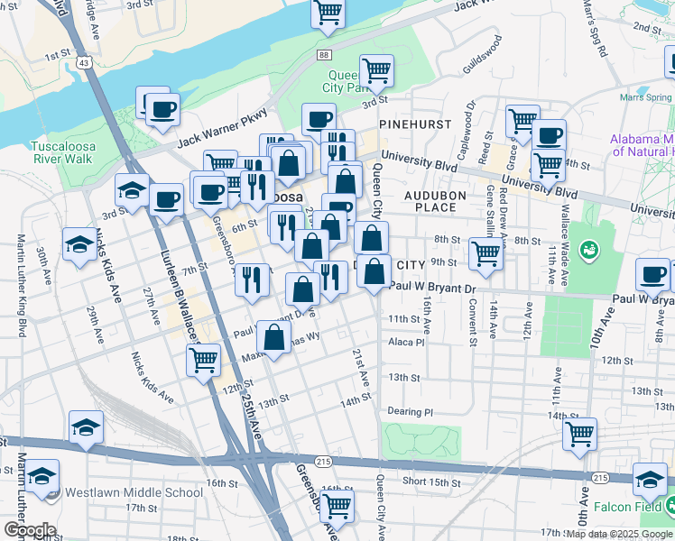 map of restaurants, bars, coffee shops, grocery stores, and more near 2030 9th Street in Tuscaloosa