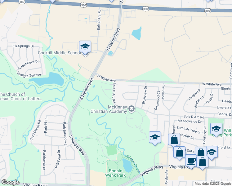 map of restaurants, bars, coffee shops, grocery stores, and more near 3621 Crestcreek Court in McKinney