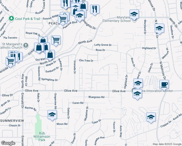 map of restaurants, bars, coffee shops, grocery stores, and more near 1251 Remington Court in Vista