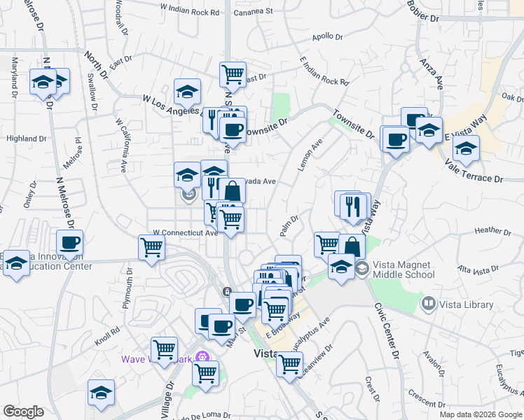 map of restaurants, bars, coffee shops, grocery stores, and more near 528 North Citrus Avenue in Vista