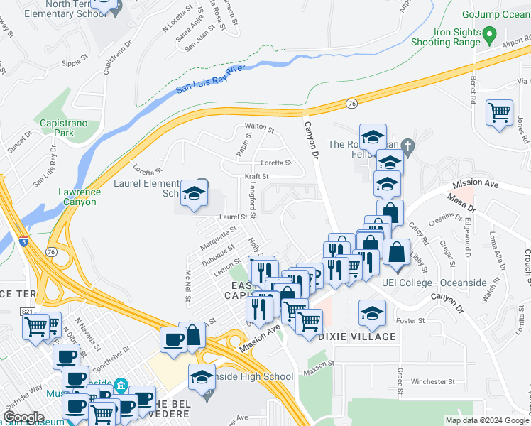 map of restaurants, bars, coffee shops, grocery stores, and more near 912 Langford Street in Oceanside