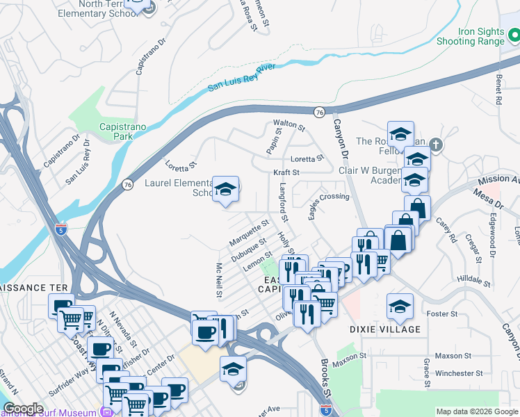 map of restaurants, bars, coffee shops, grocery stores, and more near 1509 Laurel Street in Oceanside