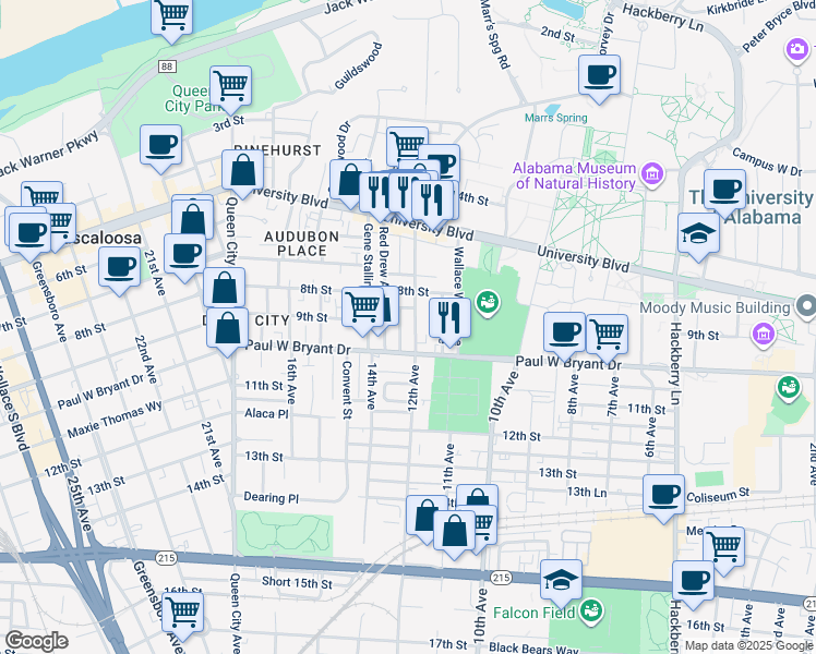 map of restaurants, bars, coffee shops, grocery stores, and more near 824 Frank Thomas Avenue in Tuscaloosa