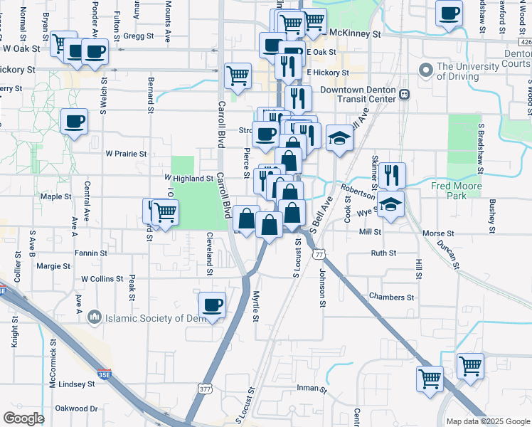 map of restaurants, bars, coffee shops, grocery stores, and more near 816 South Elm Street in Denton