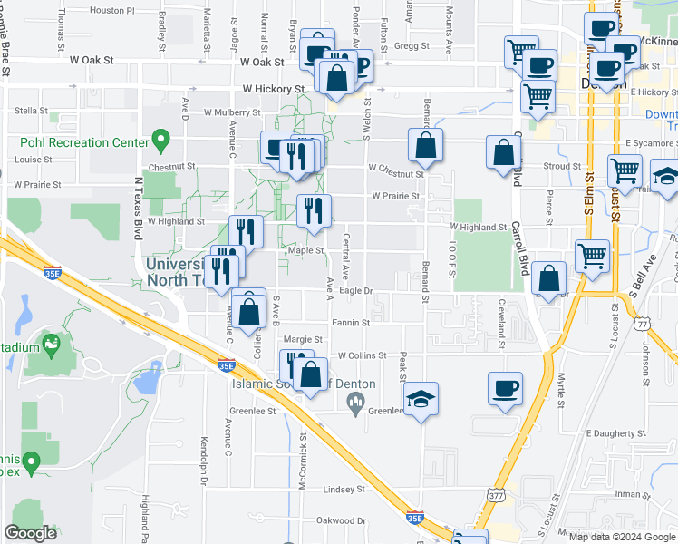 map of restaurants, bars, coffee shops, grocery stores, and more near 805 Avenue A in Denton