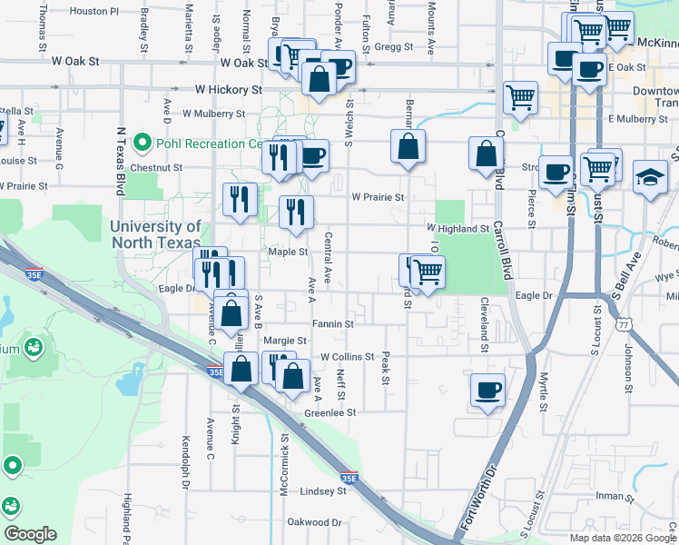 map of restaurants, bars, coffee shops, grocery stores, and more near 808 South Welch Street in Denton