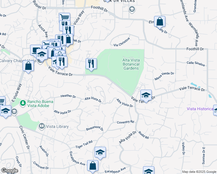 map of restaurants, bars, coffee shops, grocery stores, and more near 1515-2 Vale Terrace Place in Vista