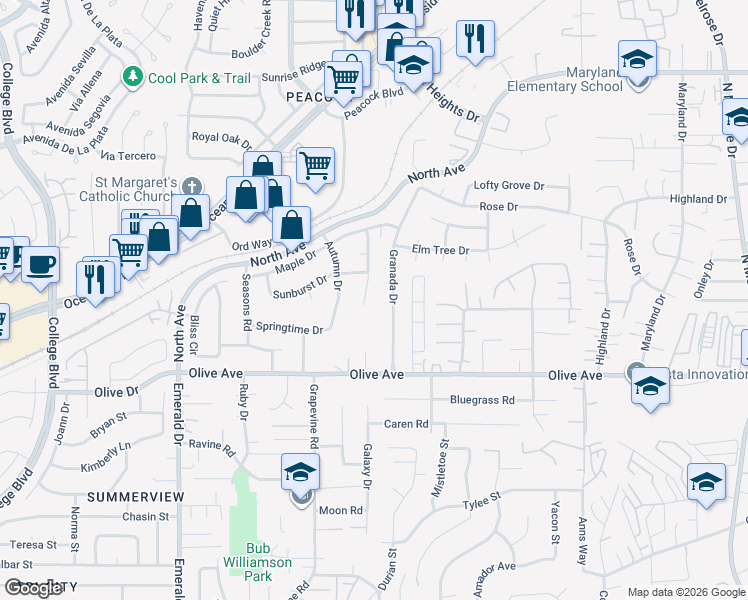 map of restaurants, bars, coffee shops, grocery stores, and more near 2324 Fallingleaf Road in Oceanside