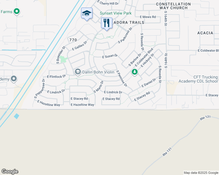 map of restaurants, bars, coffee shops, grocery stores, and more near 2409 East Tomahawk Drive in Gilbert