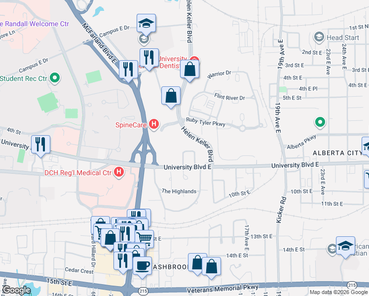 map of restaurants, bars, coffee shops, grocery stores, and more near 21 Buena Vista in Tuscaloosa