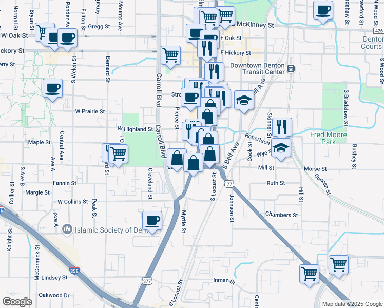 map of restaurants, bars, coffee shops, grocery stores, and more near 712 South Elm Street in Denton