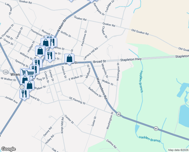 map of restaurants, bars, coffee shops, grocery stores, and more near 706 East Walker Street in Wrens