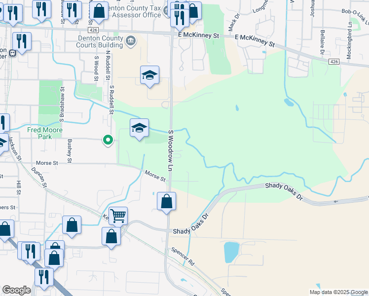 map of restaurants, bars, coffee shops, grocery stores, and more near 721 South Woodrow Lane in Denton