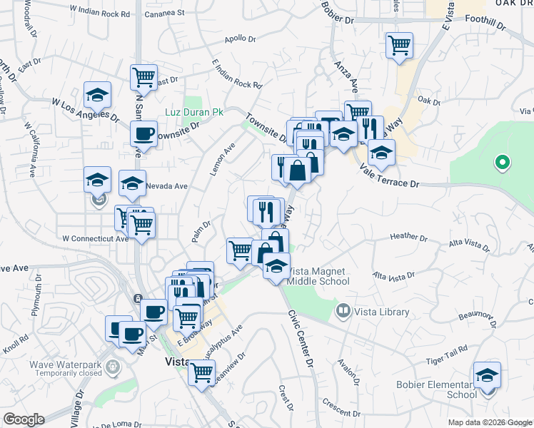 map of restaurants, bars, coffee shops, grocery stores, and more near 141 Hillside Terrace in Vista