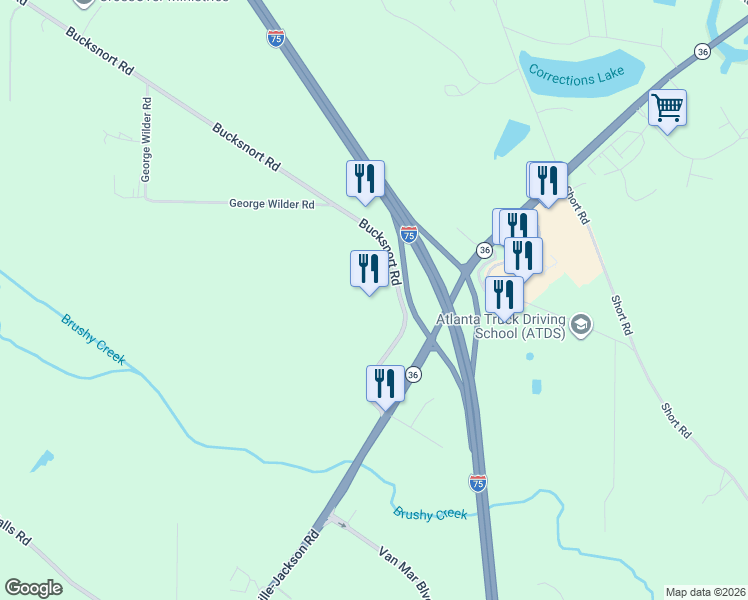 map of restaurants, bars, coffee shops, grocery stores, and more near Highway 36 in Jackson