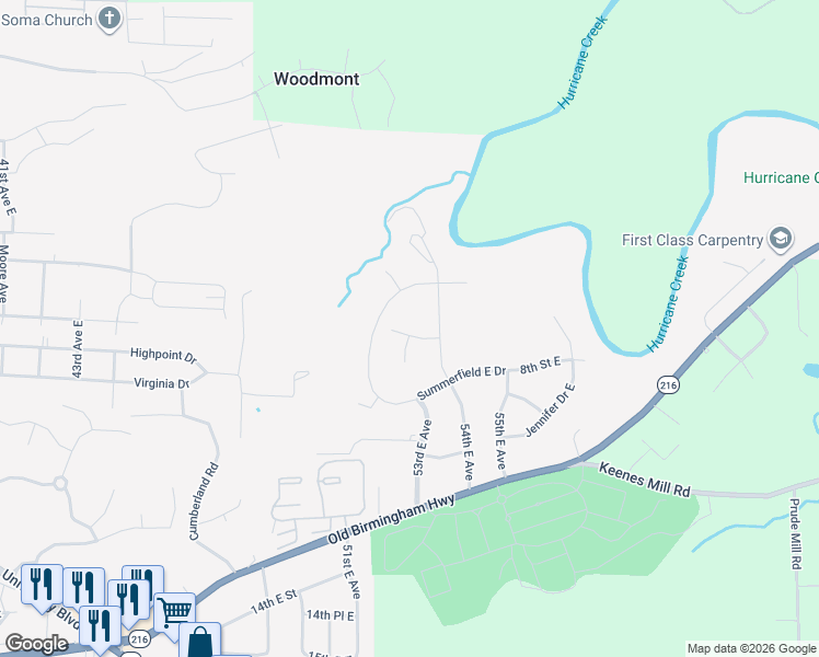 map of restaurants, bars, coffee shops, grocery stores, and more near 5310 7th Street East in Tuscaloosa