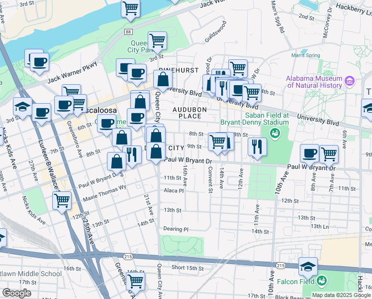map of restaurants, bars, coffee shops, grocery stores, and more near 1528 Paul William Bryant Drive in Tuscaloosa