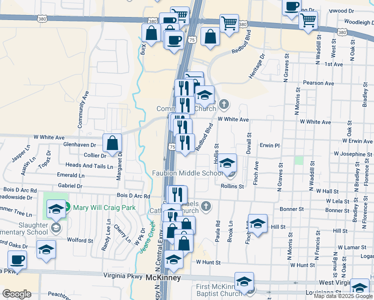 map of restaurants, bars, coffee shops, grocery stores, and more near 920 North Central Expressway in McKinney