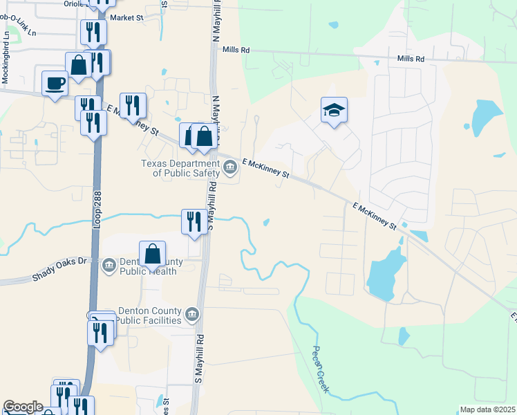 map of restaurants, bars, coffee shops, grocery stores, and more near 4000 East McKinney Street in Denton