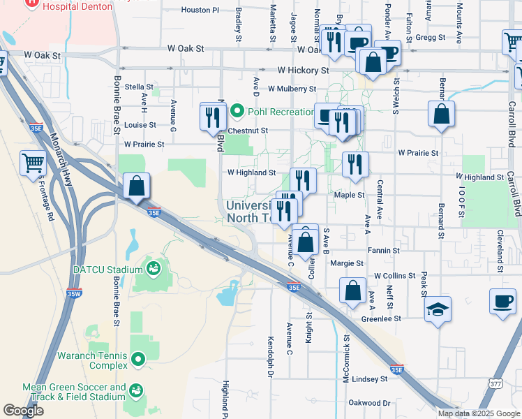 map of restaurants, bars, coffee shops, grocery stores, and more near in Denton