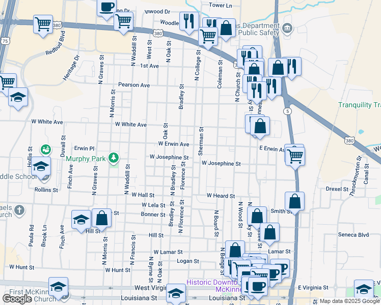 map of restaurants, bars, coffee shops, grocery stores, and more near 705 West Josephine Street in McKinney
