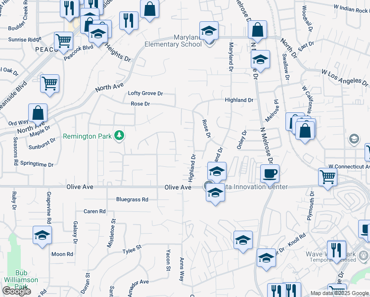 map of restaurants, bars, coffee shops, grocery stores, and more near 1009 Cielita Linda Drive in Vista