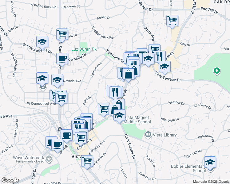 map of restaurants, bars, coffee shops, grocery stores, and more near 141 Hillside Terrace in Vista