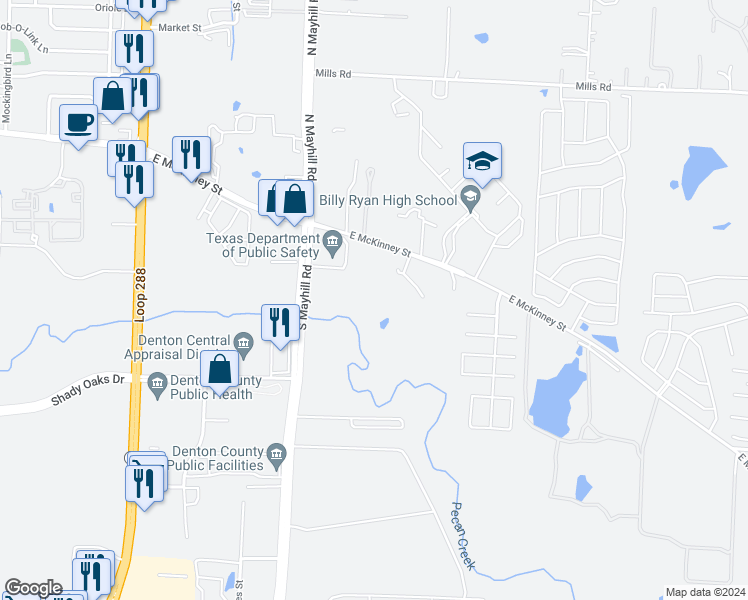 map of restaurants, bars, coffee shops, grocery stores, and more near 4000 East McKinney Street in Denton