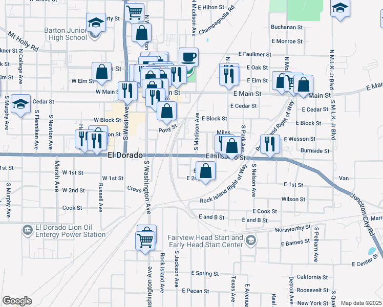 map of restaurants, bars, coffee shops, grocery stores, and more near 501 East Hillsboro Street in El Dorado