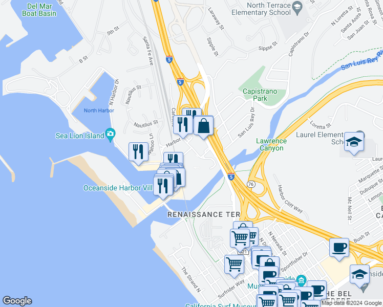 map of restaurants, bars, coffee shops, grocery stores, and more near 1401 Carmelo Drive in Oceanside