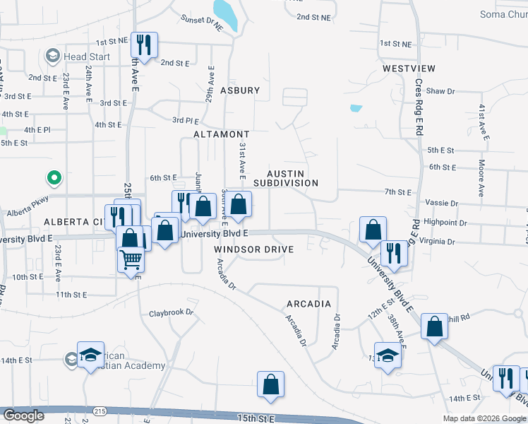 map of restaurants, bars, coffee shops, grocery stores, and more near 3120 University Boulevard East in Tuscaloosa
