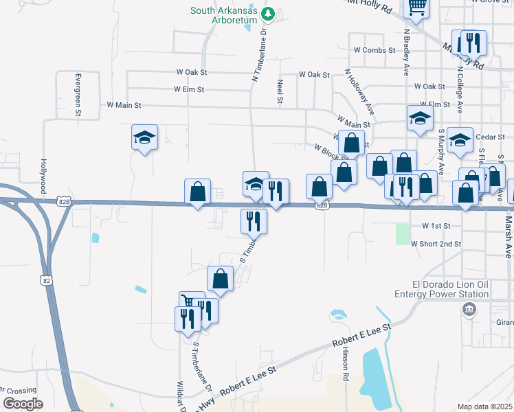 map of restaurants, bars, coffee shops, grocery stores, and more near 501 South Timberlane Drive in El Dorado