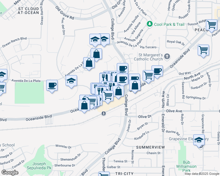 map of restaurants, bars, coffee shops, grocery stores, and more near 4150 Oceanside Boulevard in Oceanside
